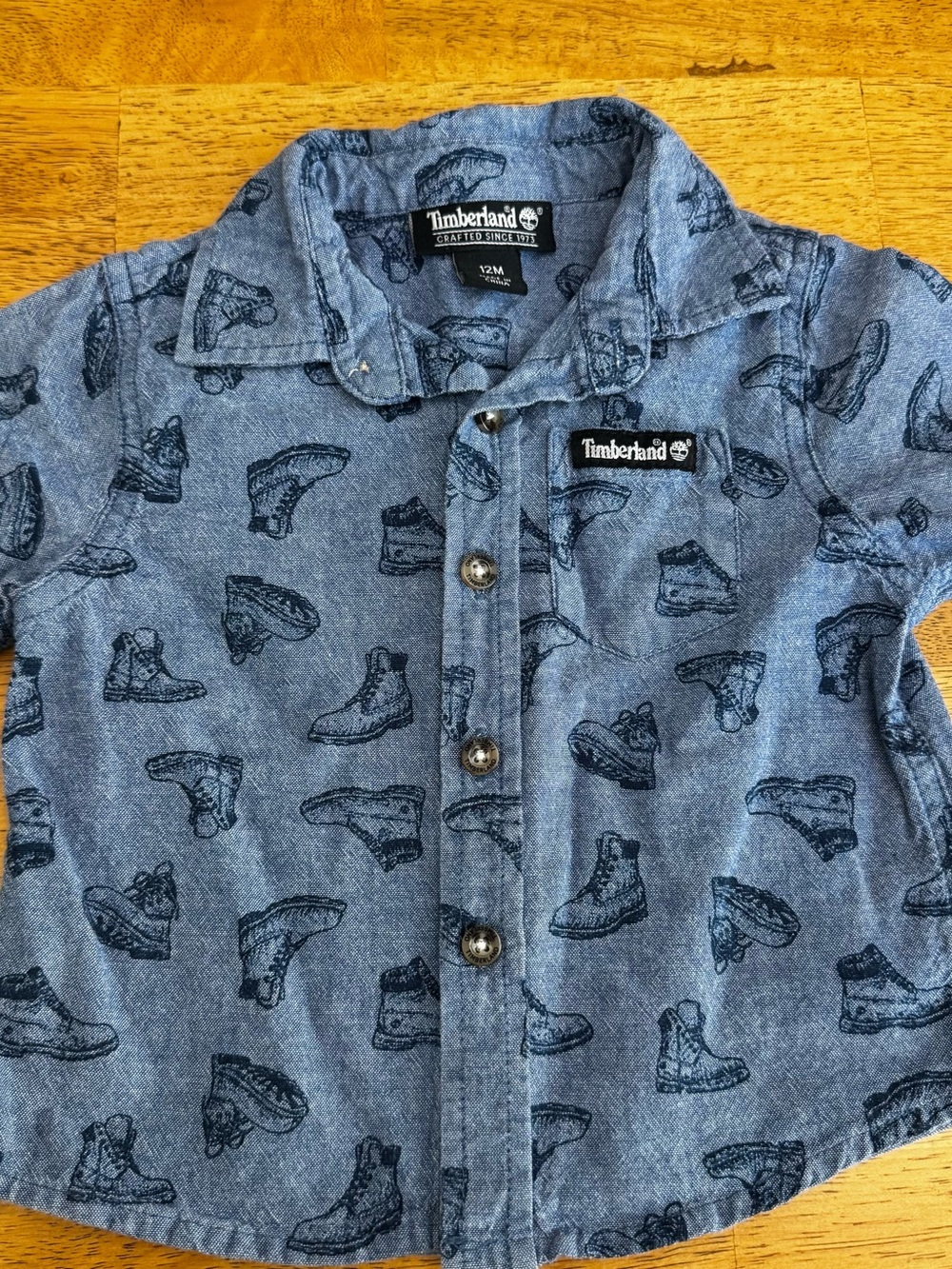 Timberland Baby Boy Short Sleeve Boot Print Denim Chambray Button-Down Shirt